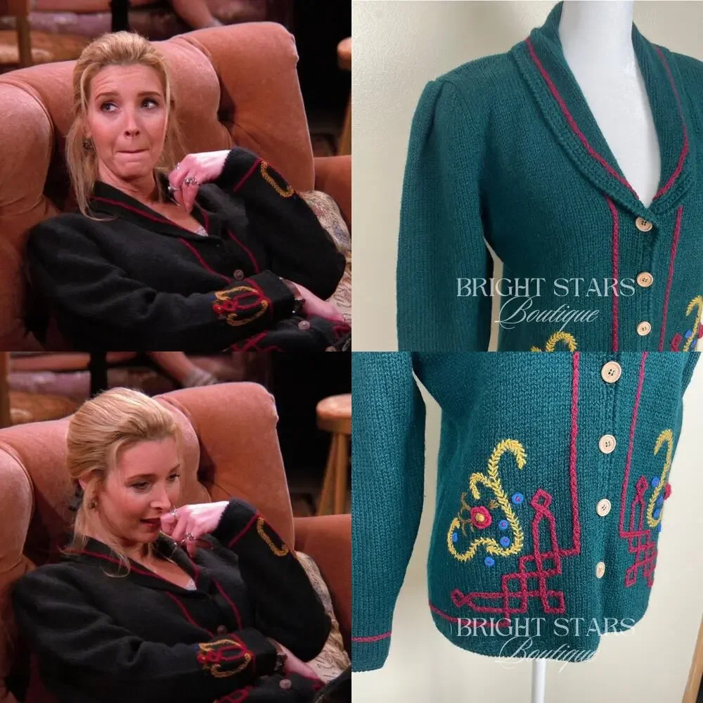 Rare Vintage Hand Embroidered Cardigan ASO Phoebe Buffay Friends Green Small
